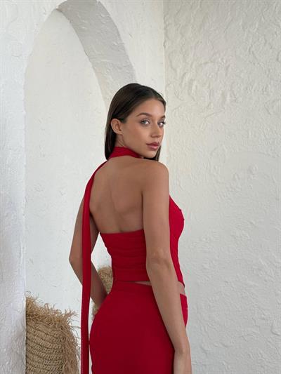 Fular Detaylı Etek Üst Takım Kırmızı