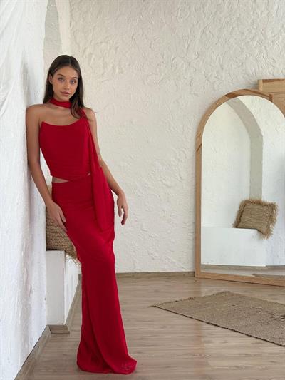 Fular Detaylı Etek Üst Takım Kırmızı