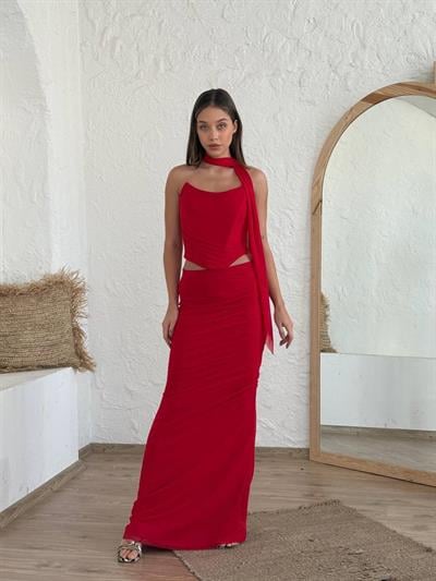 Fular Detaylı Etek Üst Takım Kırmızı