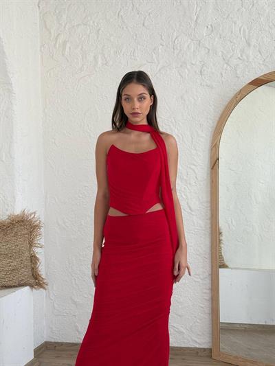 Fular Detaylı Etek Üst Takım Kırmızı