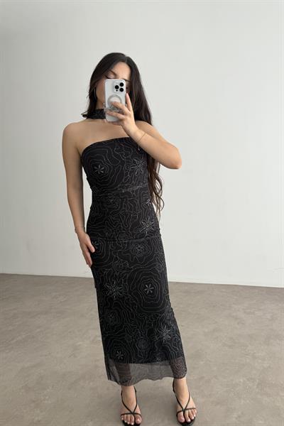 Fular Detaylı Odenese Bluz Etek Takım Siyah 