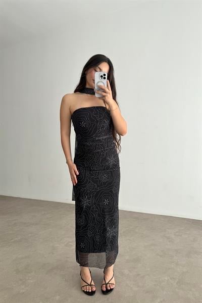 Fular Detaylı Odenese Bluz Etek Takım Siyah 