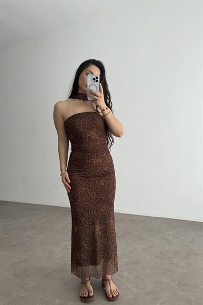 Fular Detaylı Odenese Bluz Etek Takım Kahve 