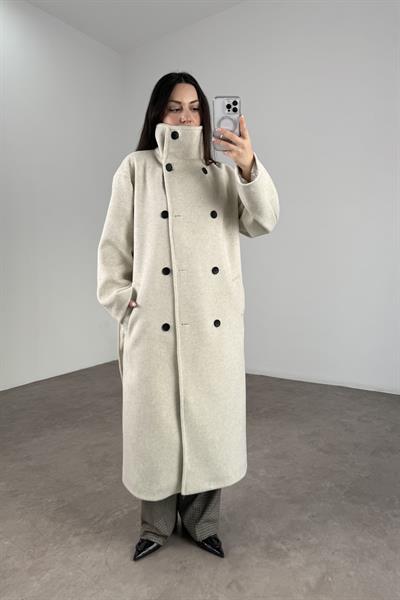 Gaya Dik Yakalı Düğmeli Kuşaklı Ekru Kaban