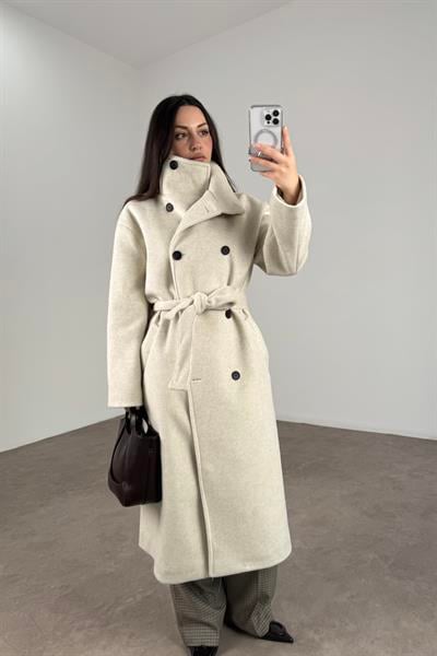 Gaya Dik Yakalı Düğmeli Kuşaklı Ekru Kaban