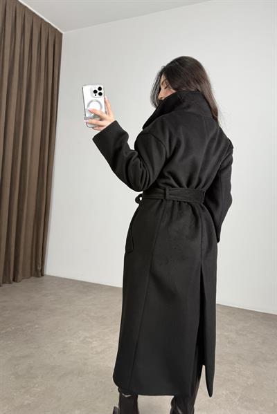 Gaya Dik Yakalı Düğmeli Kuşaklı Siyah Kaban