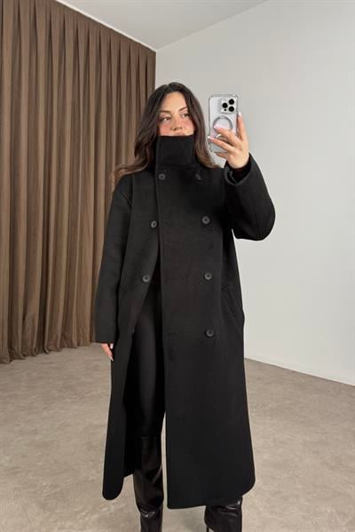 Gaya Dik Yakalı Düğmeli Kuşaklı Siyah Kaban