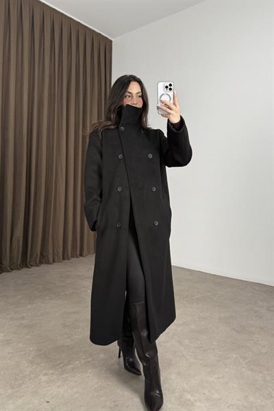 Gaya Dik Yakalı Düğmeli Kuşaklı Siyah Kaban