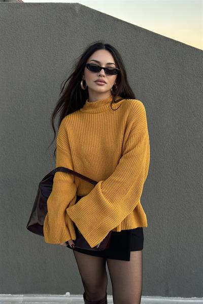 Geniş Kollu Dik Yaka Premium Kazak Hardal