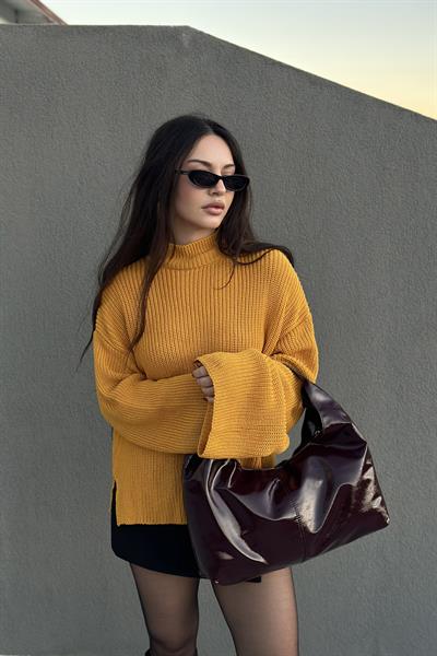 Geniş Kollu Dik Yaka Premium Kazak Hardal