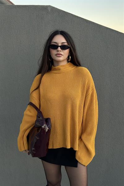 Geniş Kollu Dik Yaka Premium Kazak Hardal