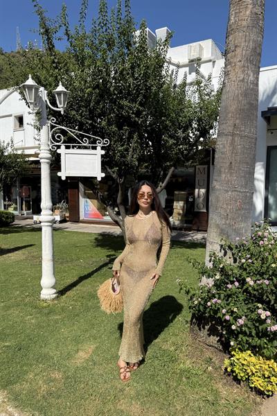 Gold Çelik İplik Premium Örme Elbise Uzun