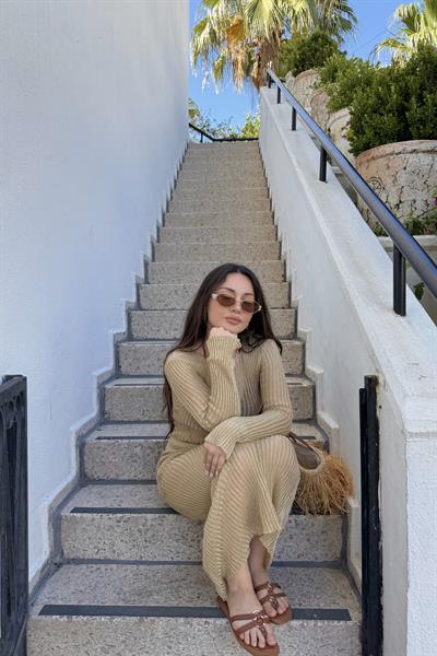 Gold Çelik İplik Premium Örme Elbise Uzun