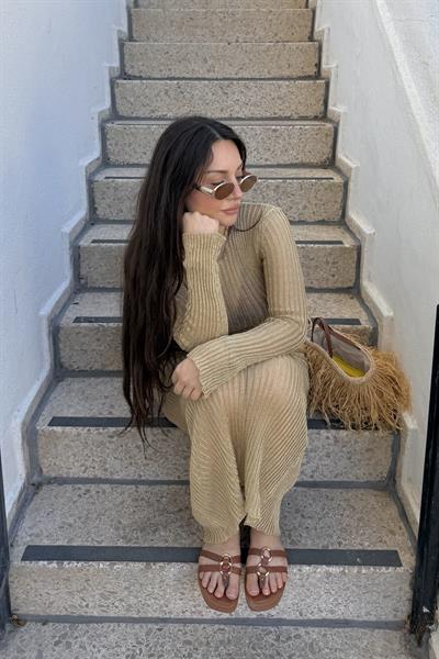 Gold Çelik İplik Premium Örme Elbise Uzun