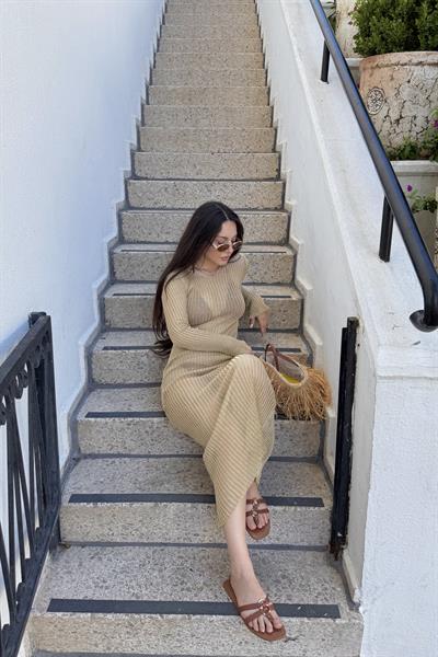 Gold Çelik İplik Premium Örme Elbise Uzun