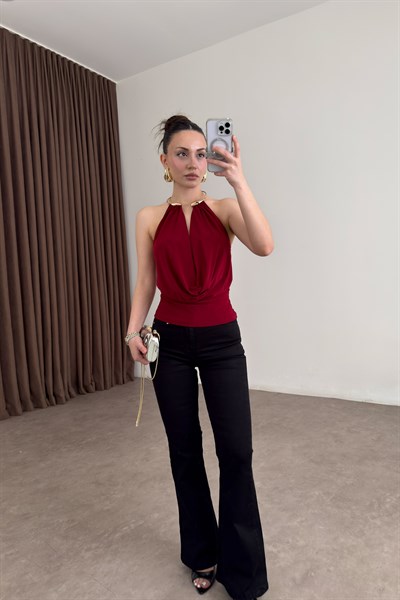 Gold Kolyeli Degaje Bordo Bluz 