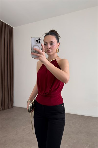 Gold Kolyeli Degaje Bordo Bluz 