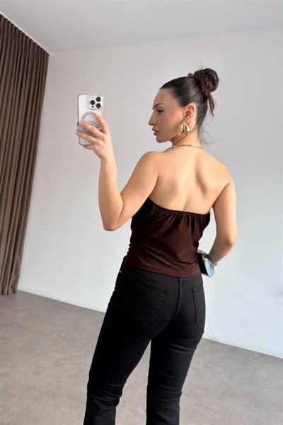 Gold Kolyeli Degaje Kahve Bluz 