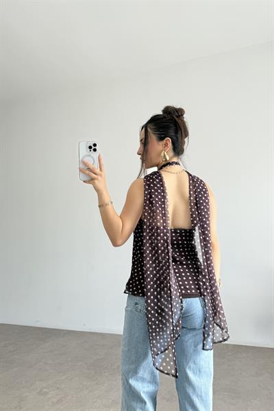 Gold Tokalı Puantiyeli Şifon Bluz 