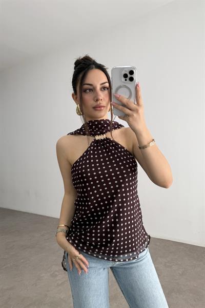 Gold Tokalı Puantiyeli Şifon Bluz 