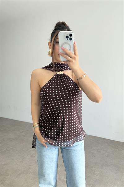 Gold Tokalı Puantiyeli Şifon Bluz 