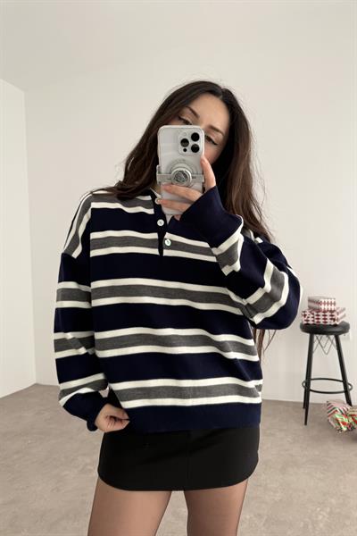 Hailey Gri Çizgili Lacivert Kazak