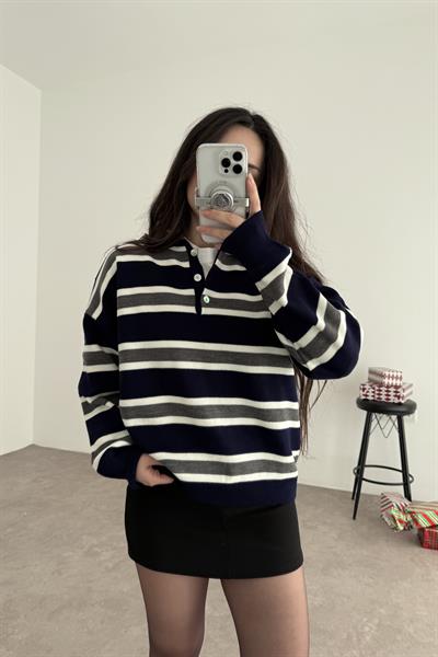 Hailey Gri Çizgili Lacivert Kazak