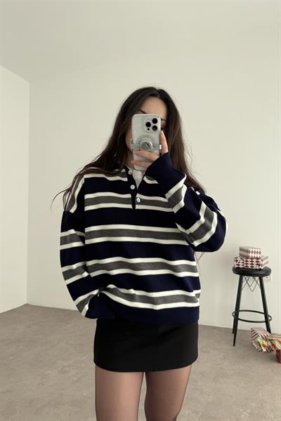 Hailey Gri Çizgili Lacivert Kazak