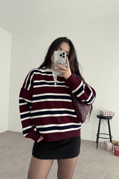 Hailey Lacivert Çizgili Bordo Kazak