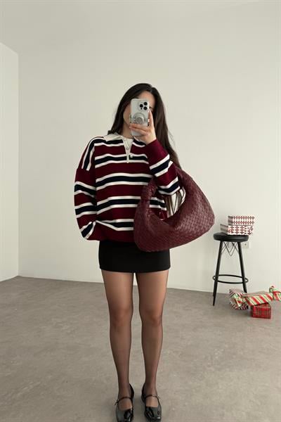 Hailey Lacivert Çizgili Bordo Kazak