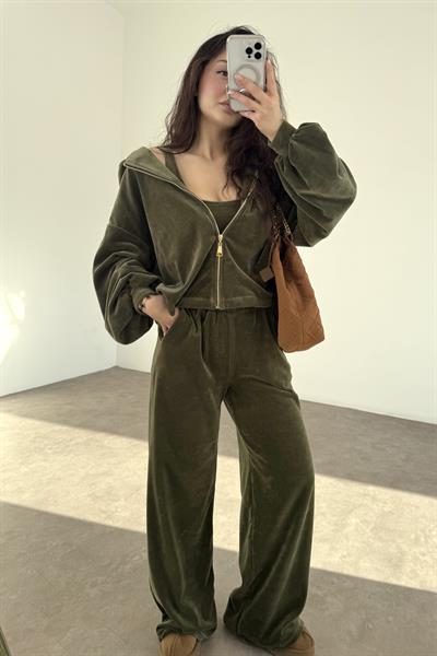 Haki Kadife Büstiyerli Ceket Eşofman Takım