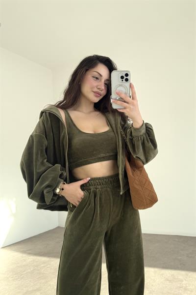 Haki Kadife Büstiyerli Ceket Eşofman Takım