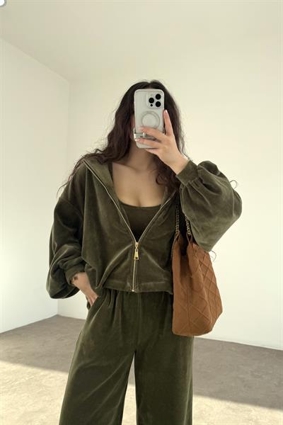 Haki Kadife Büstiyerli Ceket Eşofman Takım