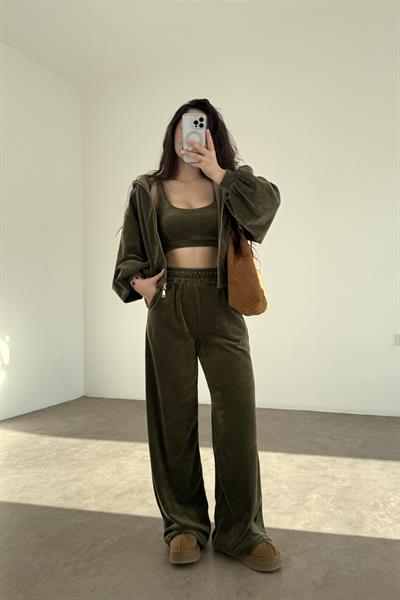 Haki Kadife Büstiyerli Ceket Eşofman Takım