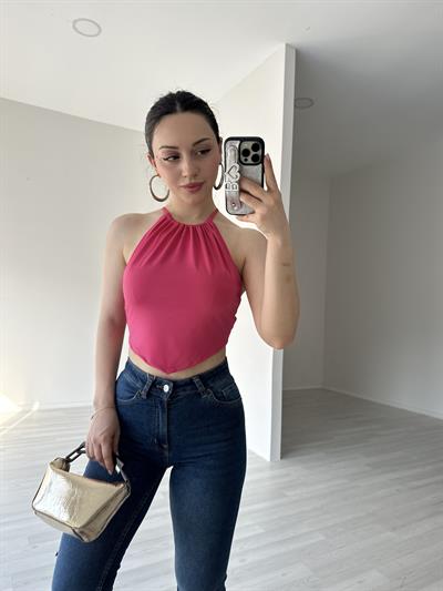 Halter Yaka Bağlamalı V Kesim Crop