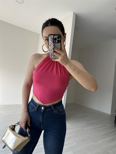 Halter Yaka Bağlamalı V Kesim Crop