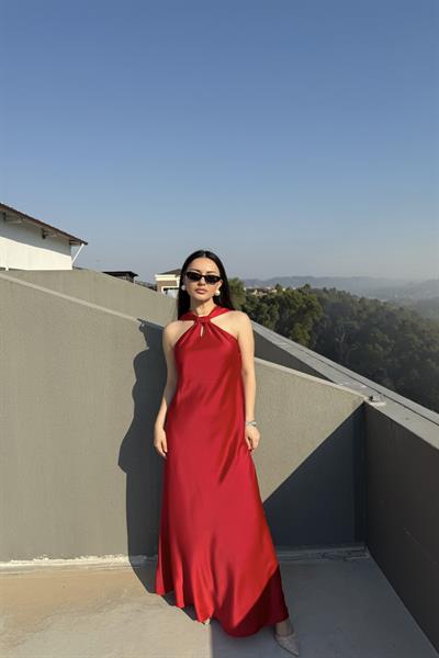 Halter Yaka İpek Saten Elbise Kırmızı