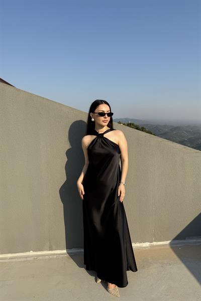 Halter Yaka İpek Saten Elbise Siyah
