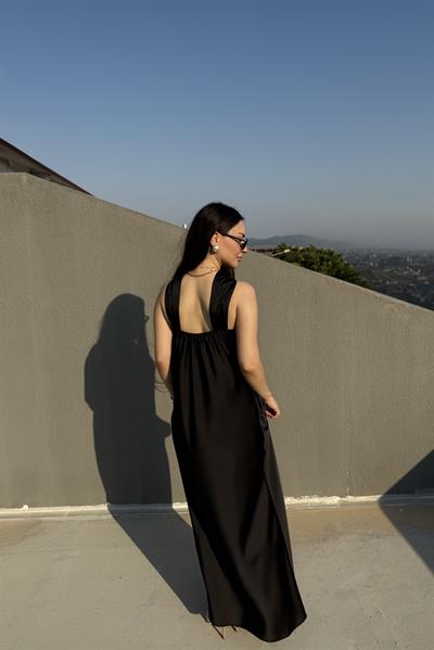 Halter Yaka İpek Saten Elbise Siyah