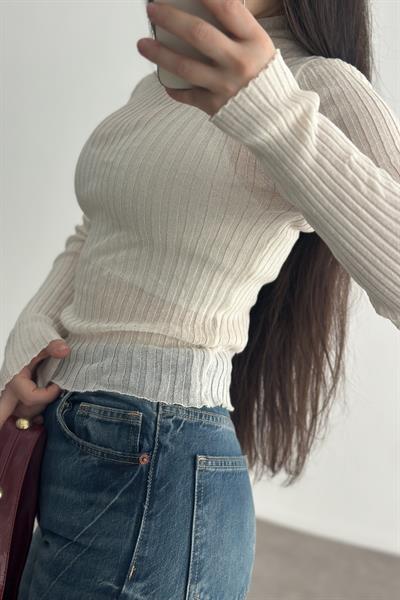 HM Dik Yakalı Transparan Bluz Ekru