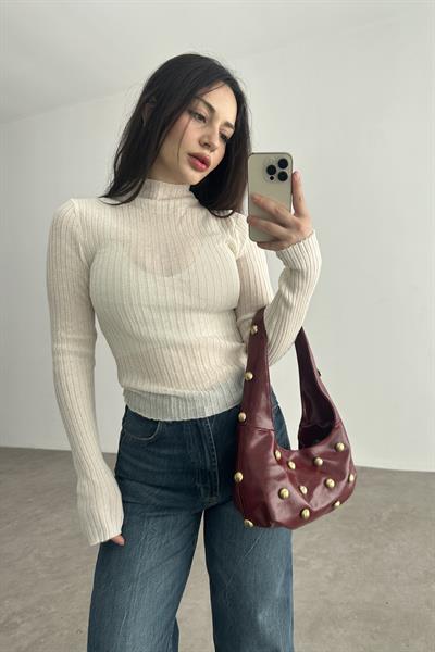 HM Dik Yakalı Transparan Bluz Ekru