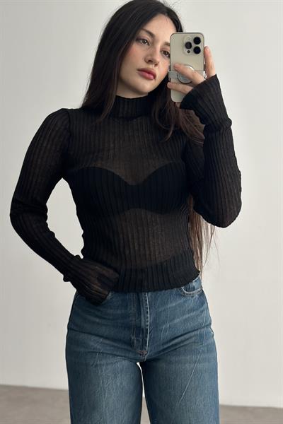 HM Dik Yakalı Transparan Bluz Siyah