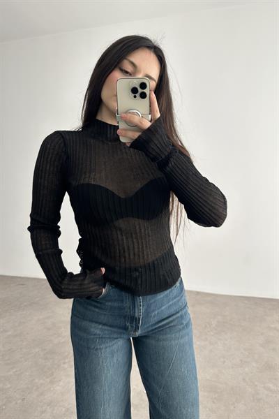 HM Dik Yakalı Transparan Bluz Siyah