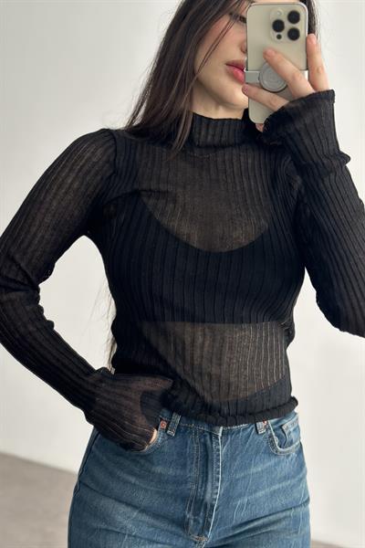 HM Dik Yakalı Transparan Bluz Siyah