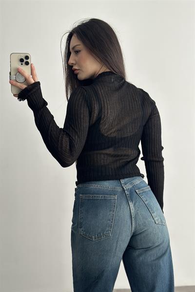 HM Dik Yakalı Transparan Bluz Siyah