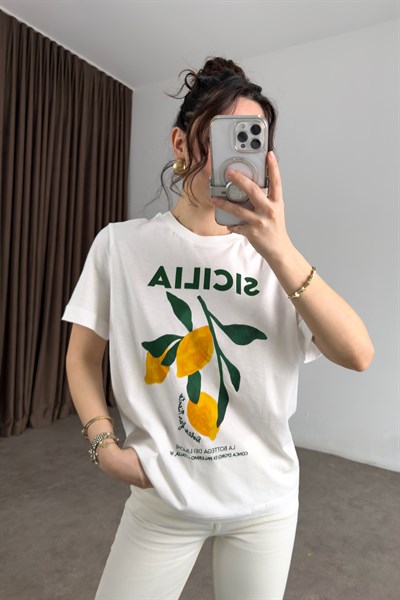 Hm Orijinal Sicilia Limon Baskılı Beyaz Tişört