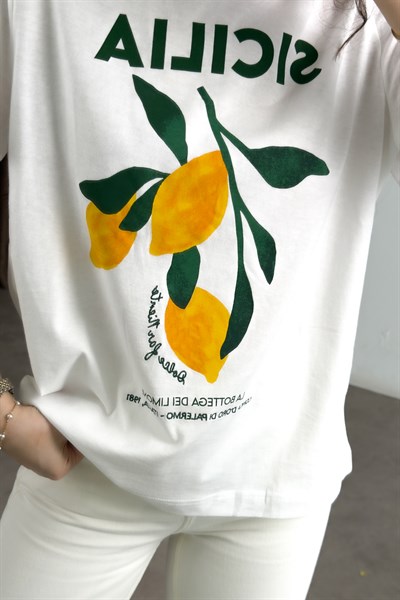 Hm Orijinal Sicilia Limon Baskılı Beyaz Tişört