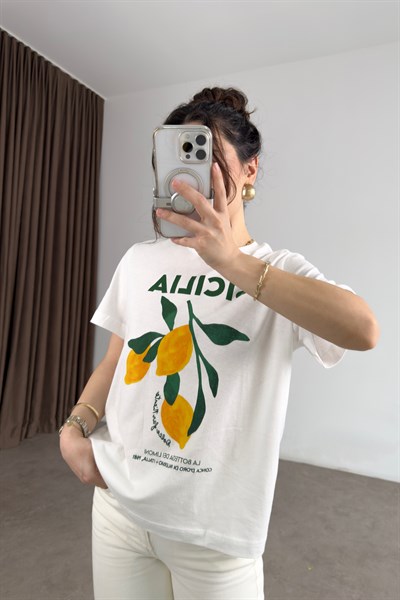Hm Orijinal Sicilia Limon Baskılı Beyaz Tişört