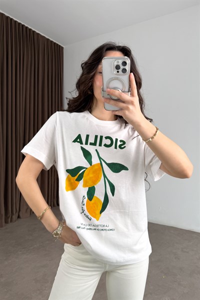 Hm Orijinal Sicilia Limon Baskılı Beyaz Tişört
