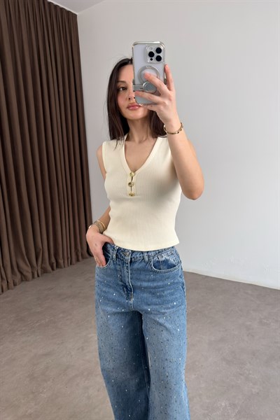 Hm Orijinal V Yakalı Gold Düğmeli Kaşkorse Ekru Bluz